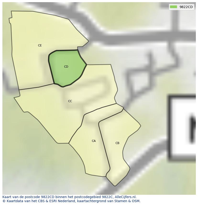 Afbeelding van het postcodegebied 9822 CD op de kaart.