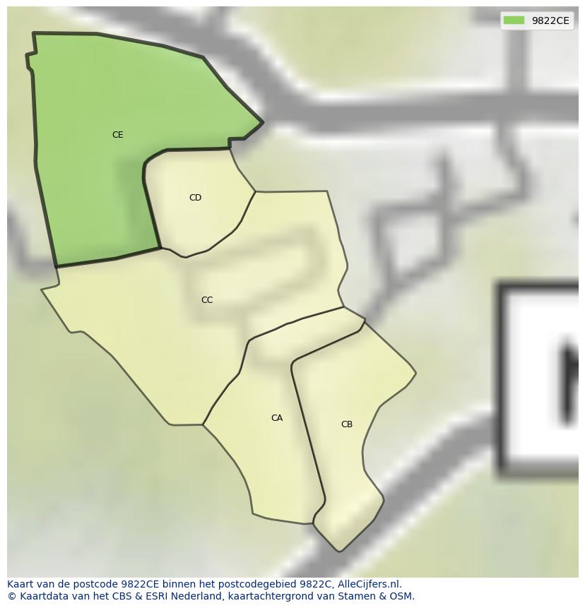 Afbeelding van het postcodegebied 9822 CE op de kaart.