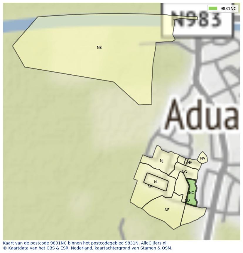 Afbeelding van het postcodegebied 9831 NC op de kaart.