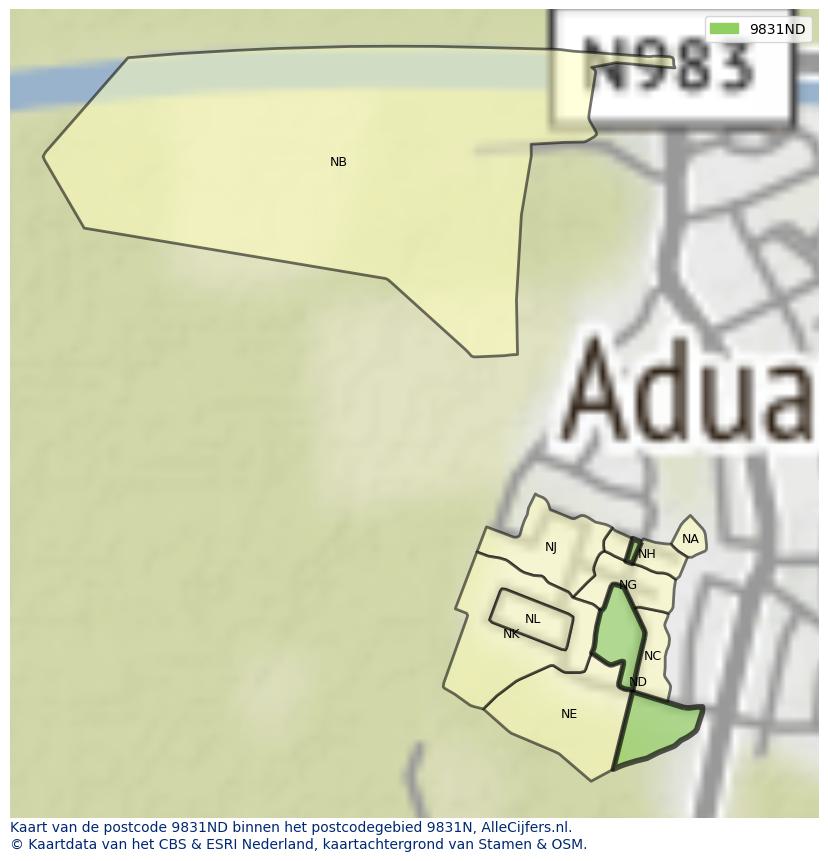 Afbeelding van het postcodegebied 9831 ND op de kaart.