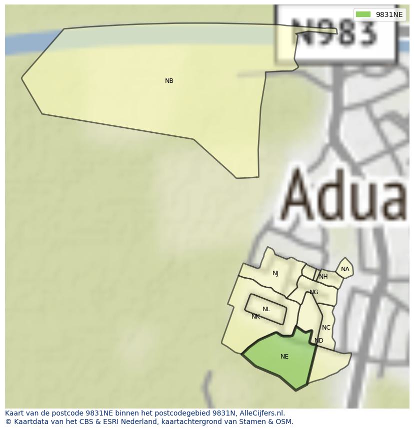 Afbeelding van het postcodegebied 9831 NE op de kaart.