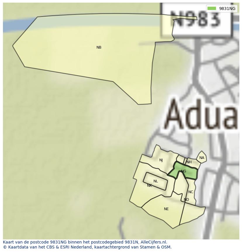 Afbeelding van het postcodegebied 9831 NG op de kaart.