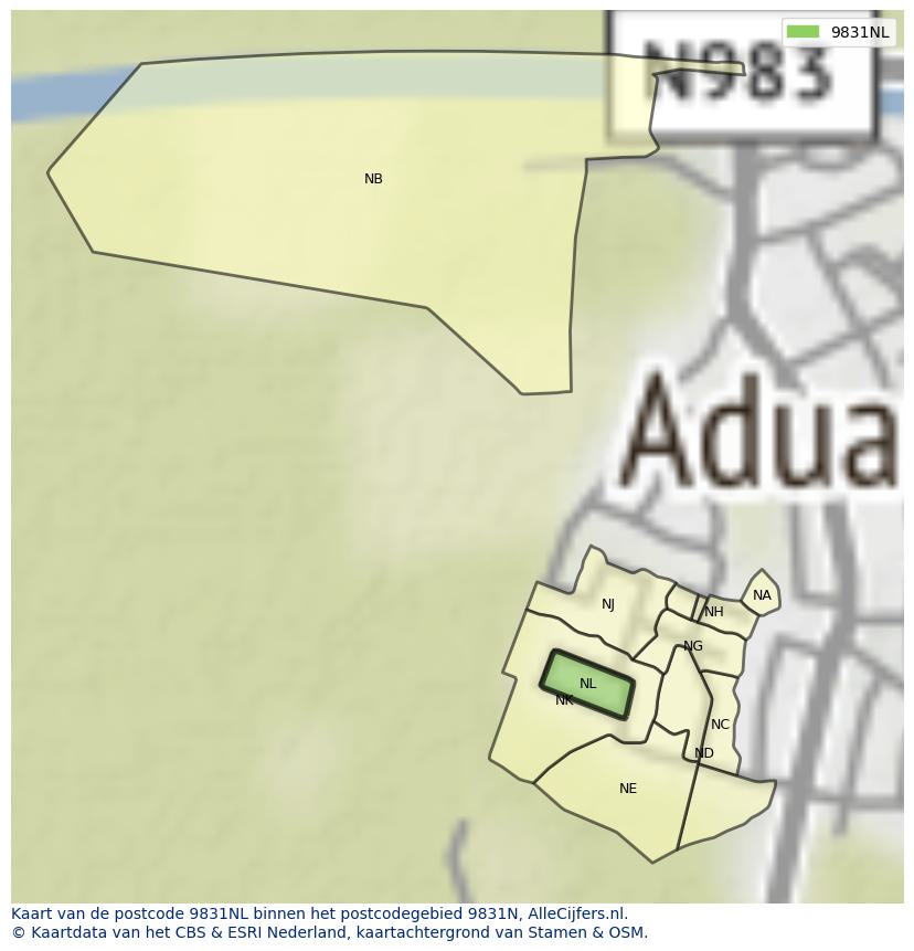Afbeelding van het postcodegebied 9831 NL op de kaart.