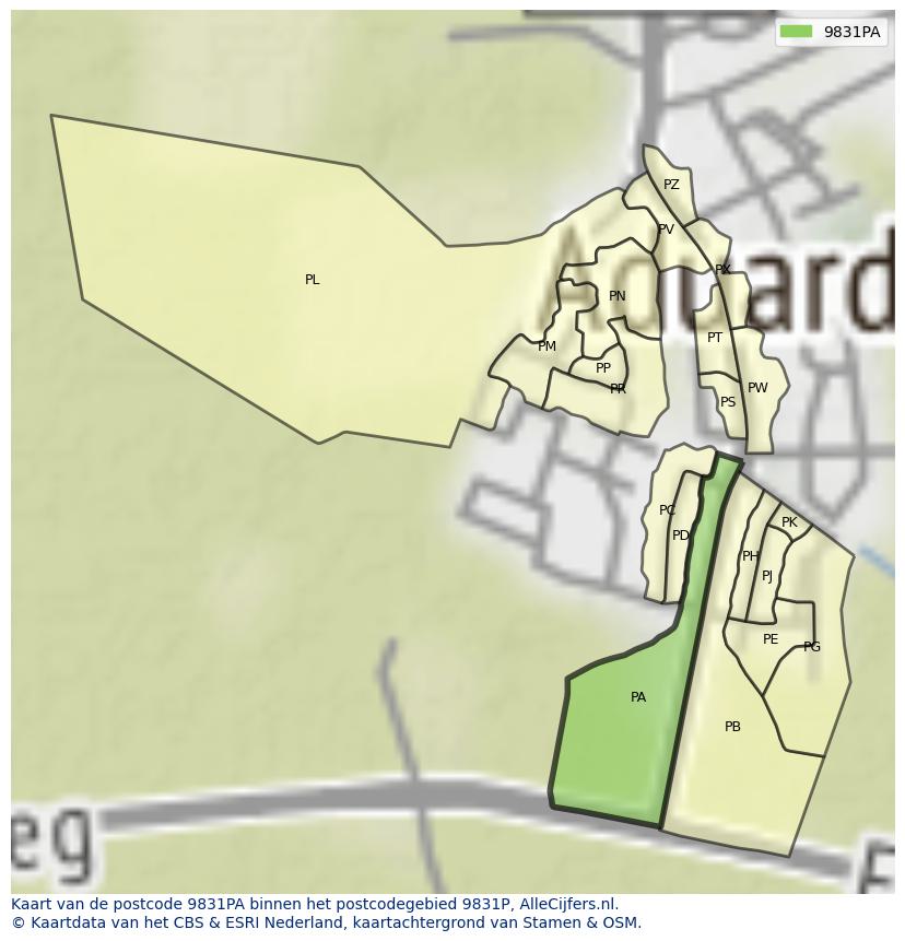 Afbeelding van het postcodegebied 9831 PA op de kaart.