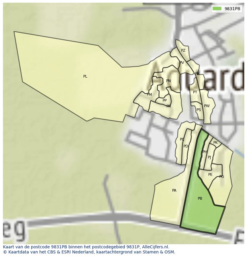 Afbeelding van het postcodegebied 9831 PB op de kaart.
