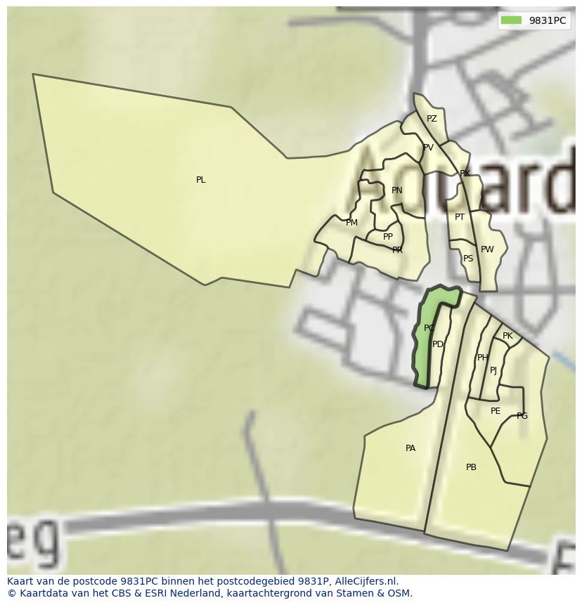 Afbeelding van het postcodegebied 9831 PC op de kaart.