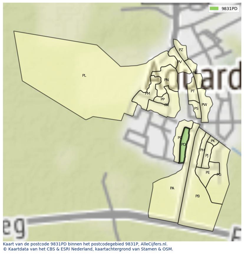 Afbeelding van het postcodegebied 9831 PD op de kaart.