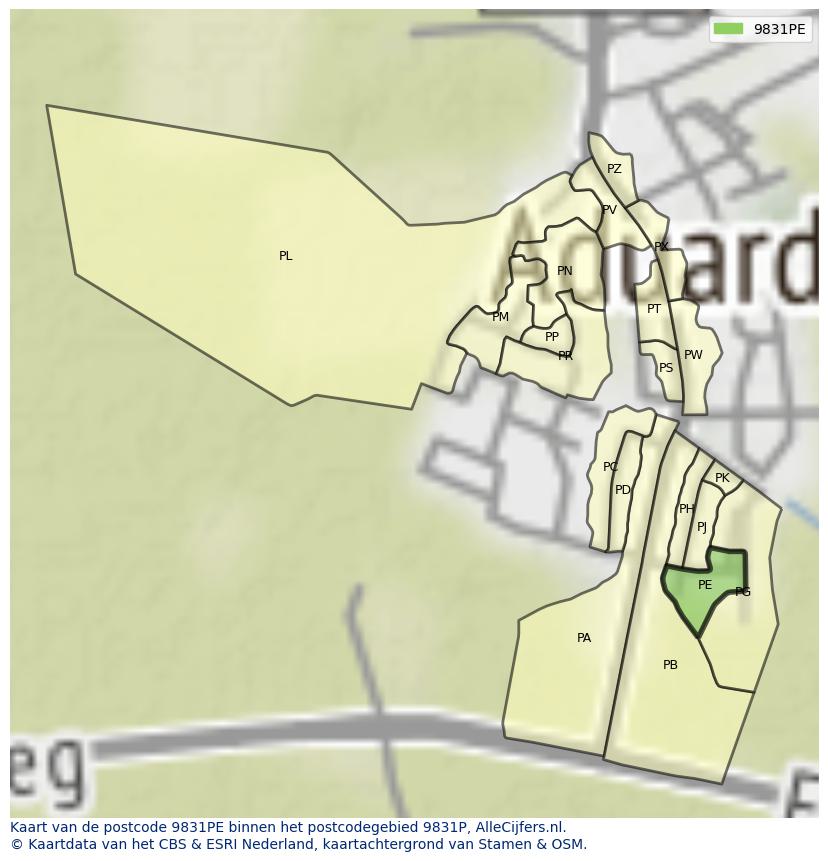Afbeelding van het postcodegebied 9831 PE op de kaart.