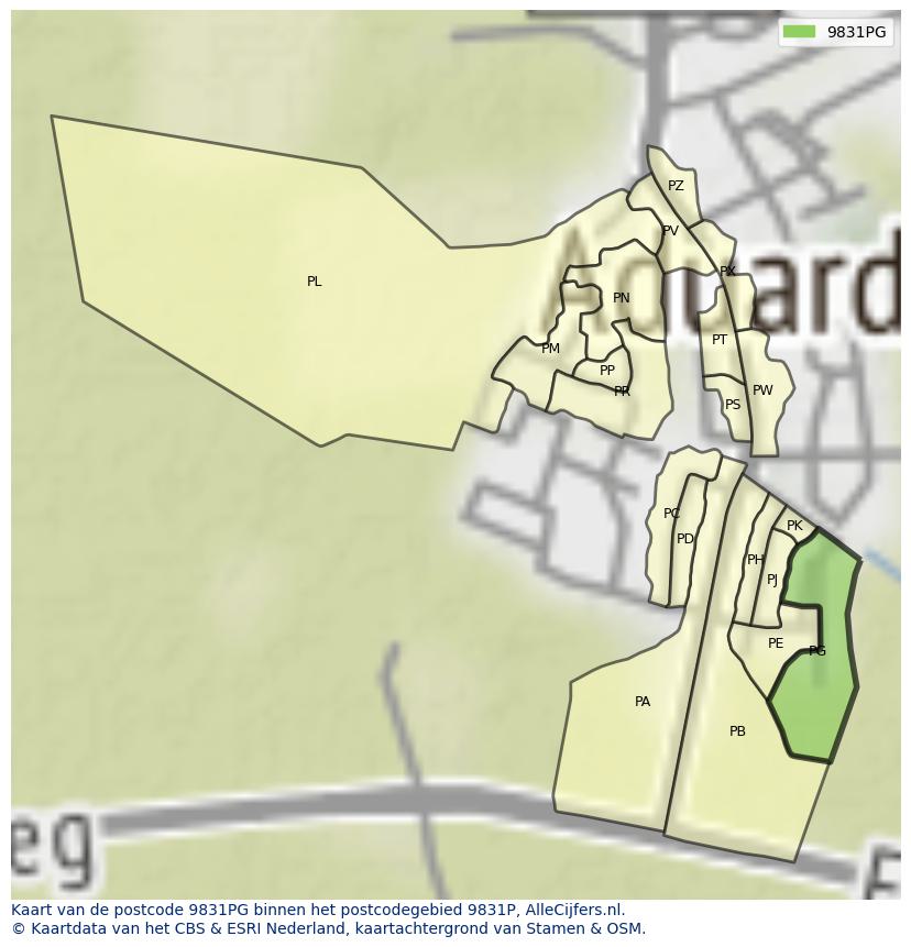 Afbeelding van het postcodegebied 9831 PG op de kaart.