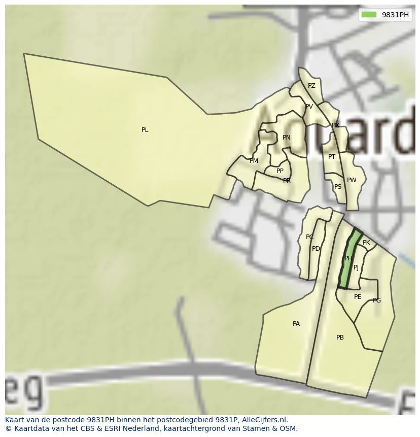 Afbeelding van het postcodegebied 9831 PH op de kaart.