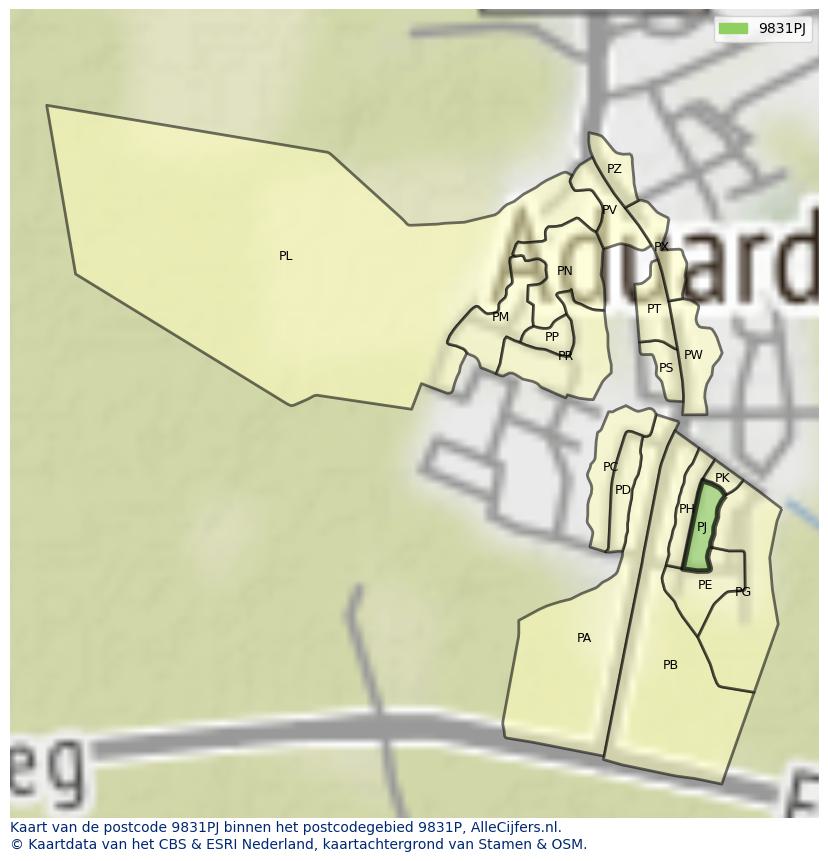 Afbeelding van het postcodegebied 9831 PJ op de kaart.
