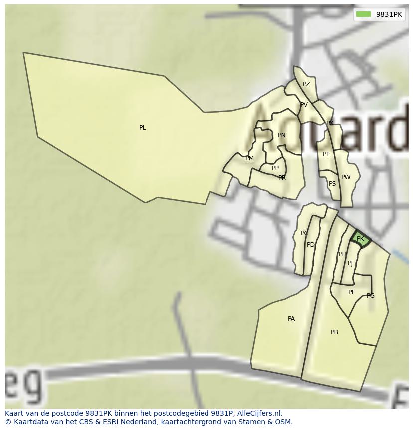 Afbeelding van het postcodegebied 9831 PK op de kaart.
