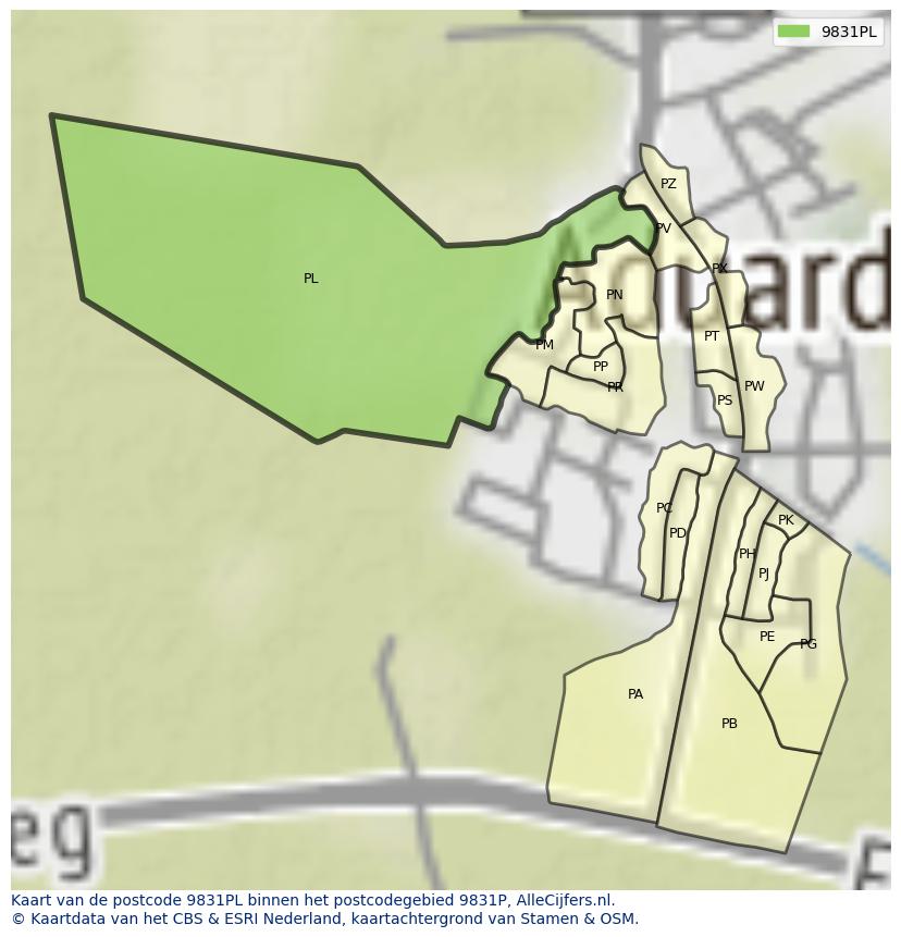 Afbeelding van het postcodegebied 9831 PL op de kaart.