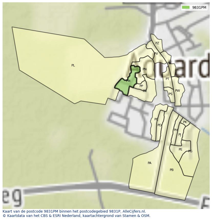 Afbeelding van het postcodegebied 9831 PM op de kaart.