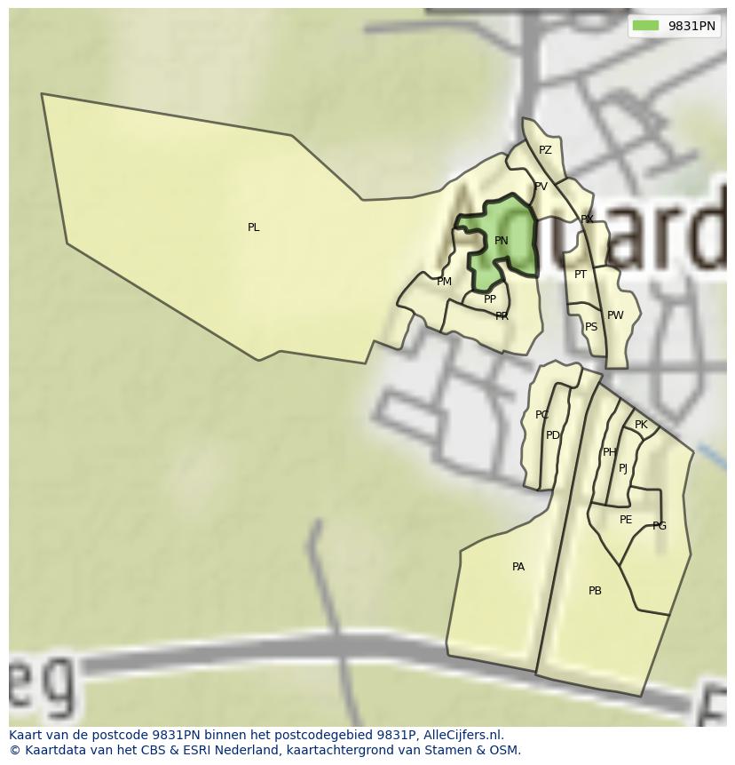 Afbeelding van het postcodegebied 9831 PN op de kaart.