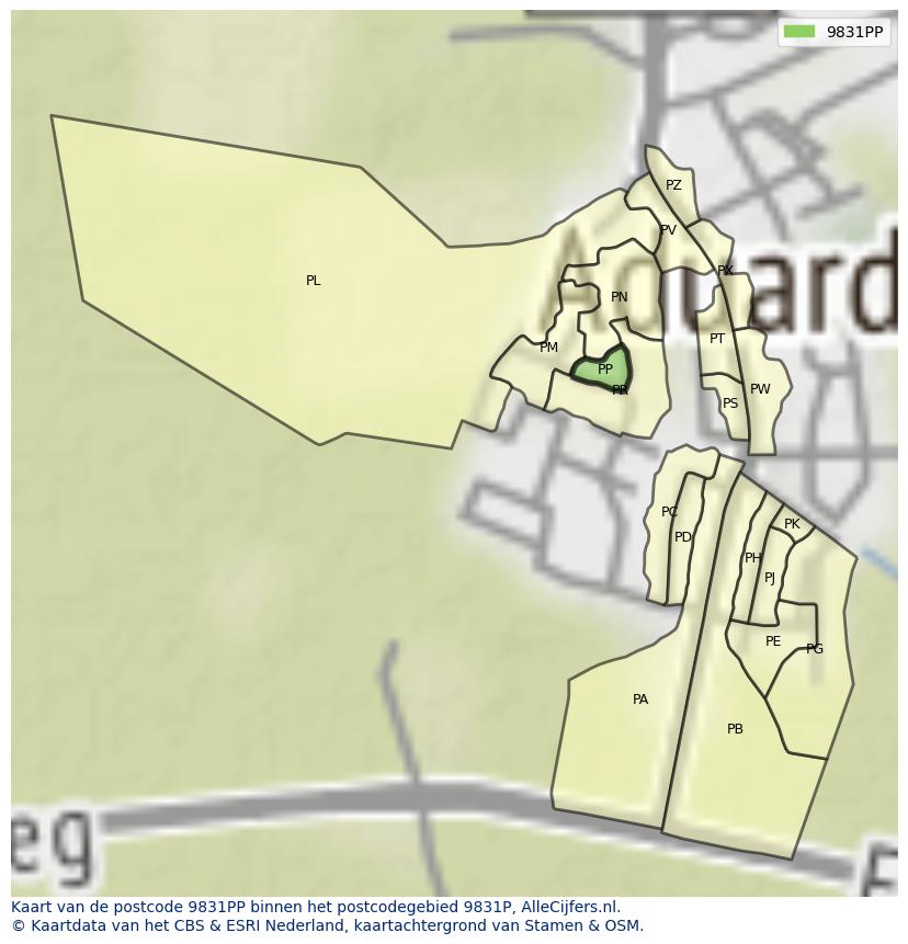 Afbeelding van het postcodegebied 9831 PP op de kaart.