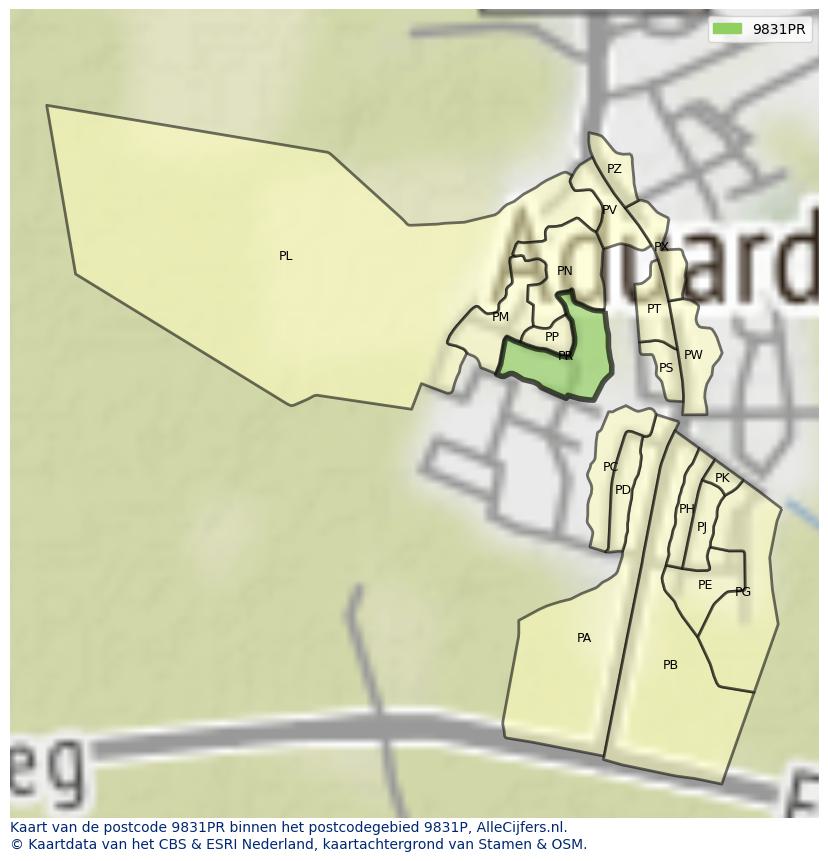 Afbeelding van het postcodegebied 9831 PR op de kaart.