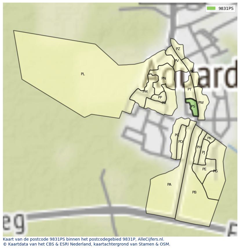 Afbeelding van het postcodegebied 9831 PS op de kaart.