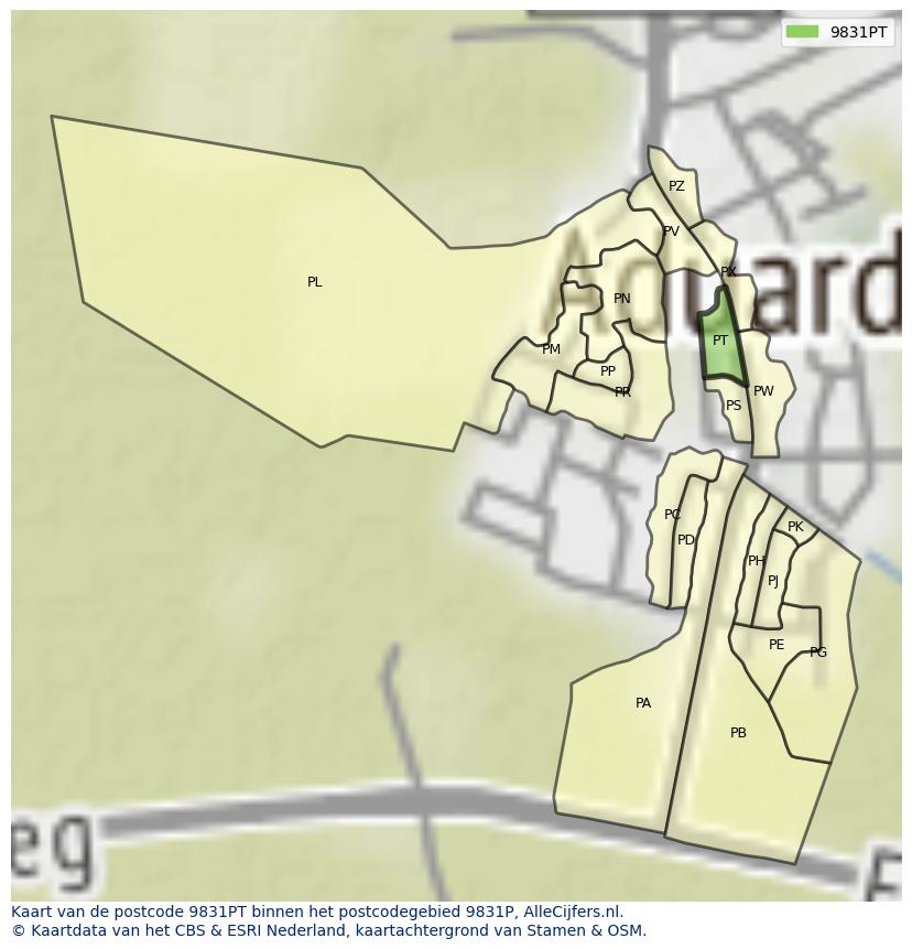 Afbeelding van het postcodegebied 9831 PT op de kaart.