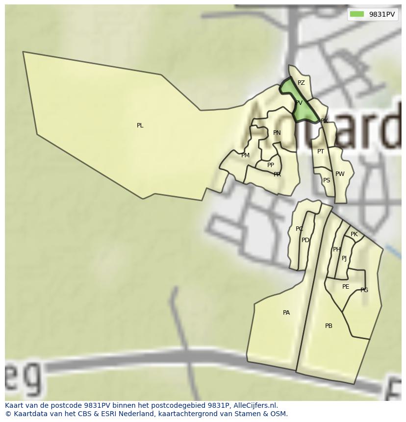 Afbeelding van het postcodegebied 9831 PV op de kaart.