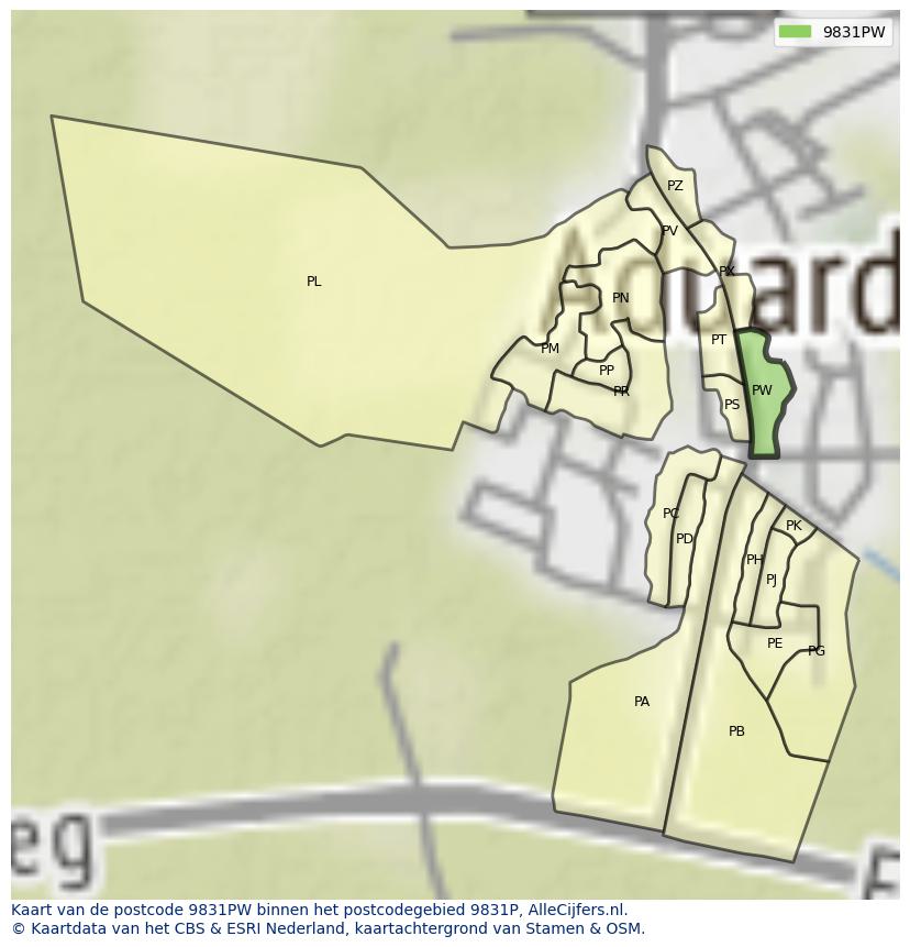 Afbeelding van het postcodegebied 9831 PW op de kaart.