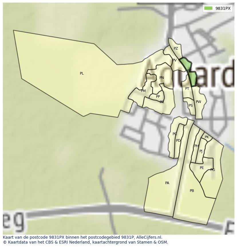 Afbeelding van het postcodegebied 9831 PX op de kaart.