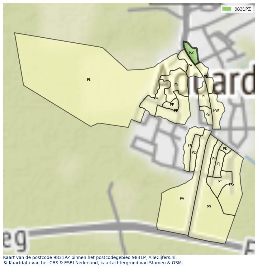 Afbeelding van het postcodegebied 9831 PZ op de kaart.
