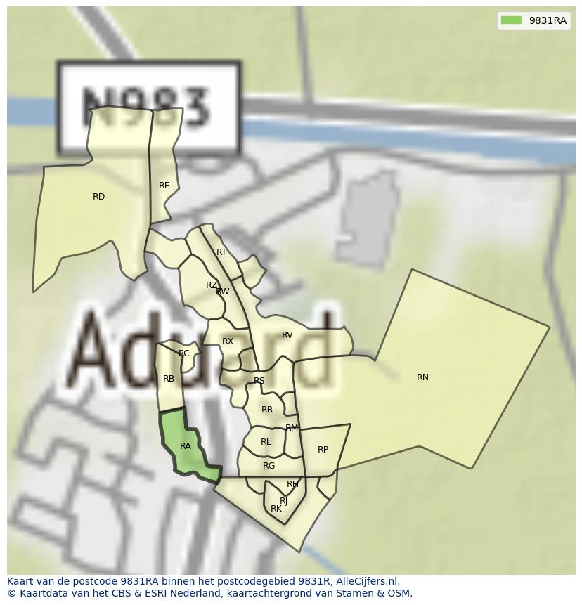 Afbeelding van het postcodegebied 9831 RA op de kaart.