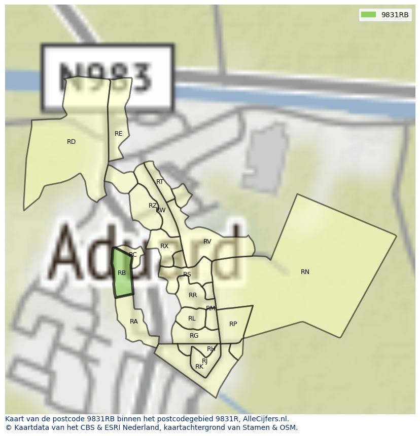 Afbeelding van het postcodegebied 9831 RB op de kaart.