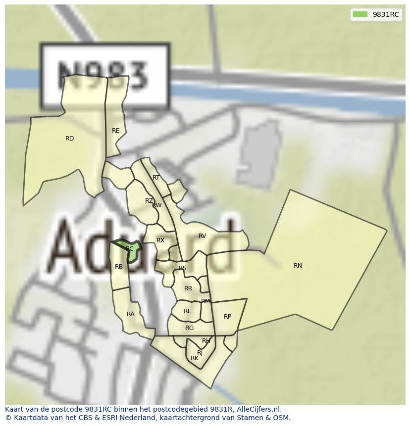 Afbeelding van het postcodegebied 9831 RC op de kaart.