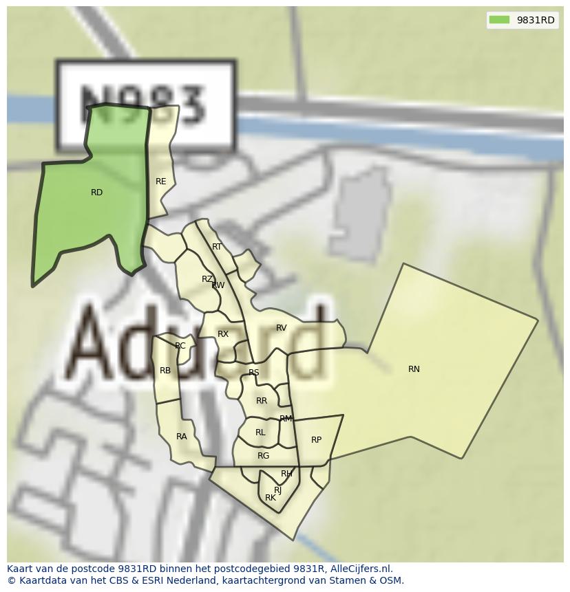 Afbeelding van het postcodegebied 9831 RD op de kaart.