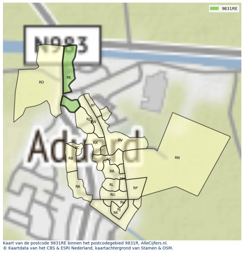 Afbeelding van het postcodegebied 9831 RE op de kaart.