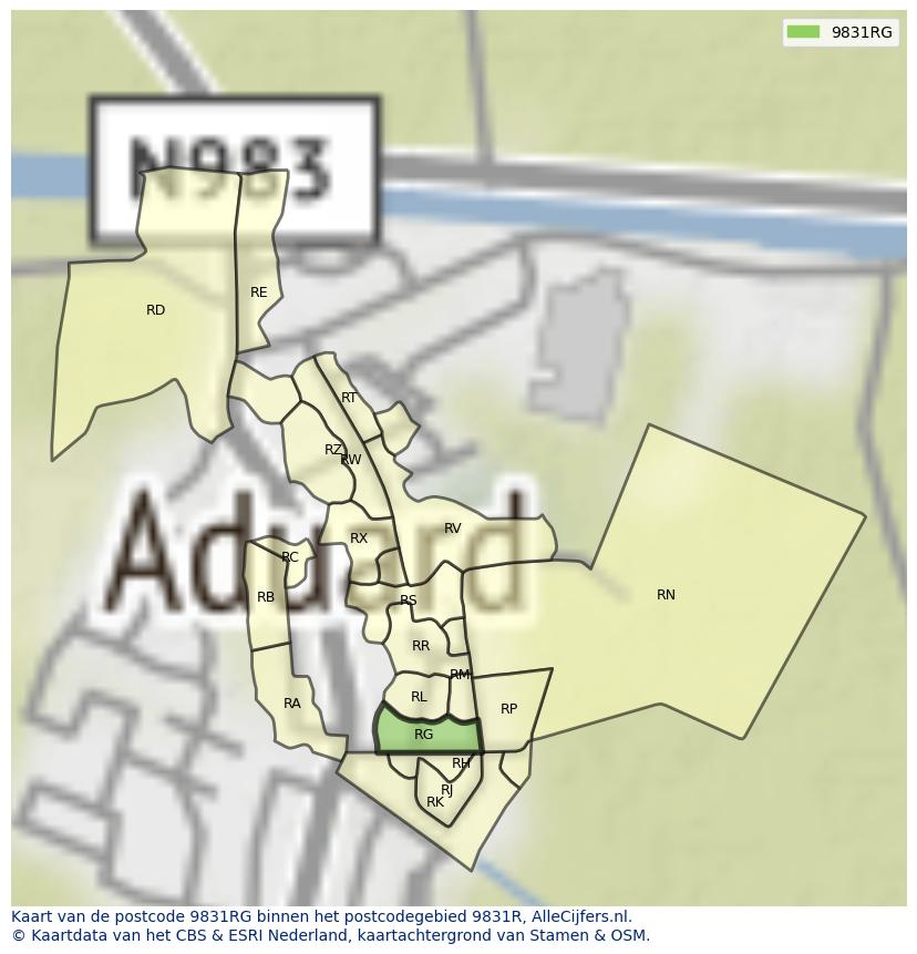 Afbeelding van het postcodegebied 9831 RG op de kaart.