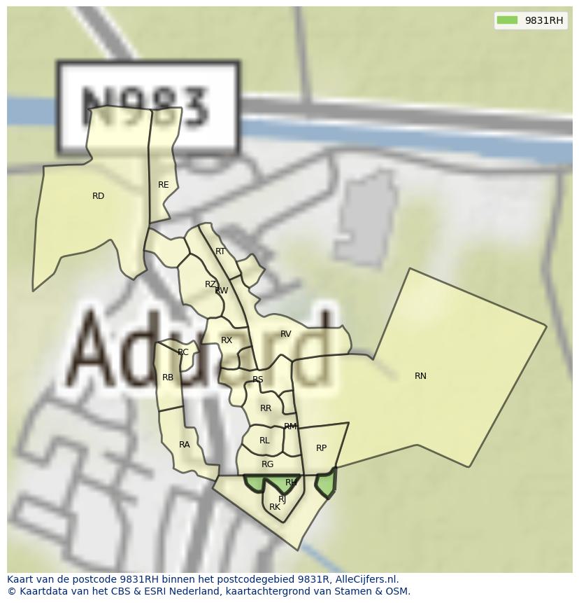 Afbeelding van het postcodegebied 9831 RH op de kaart.