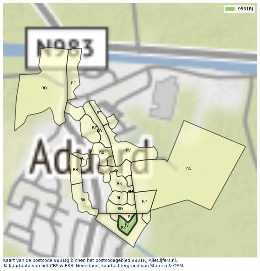 Afbeelding van het postcodegebied 9831 RJ op de kaart.