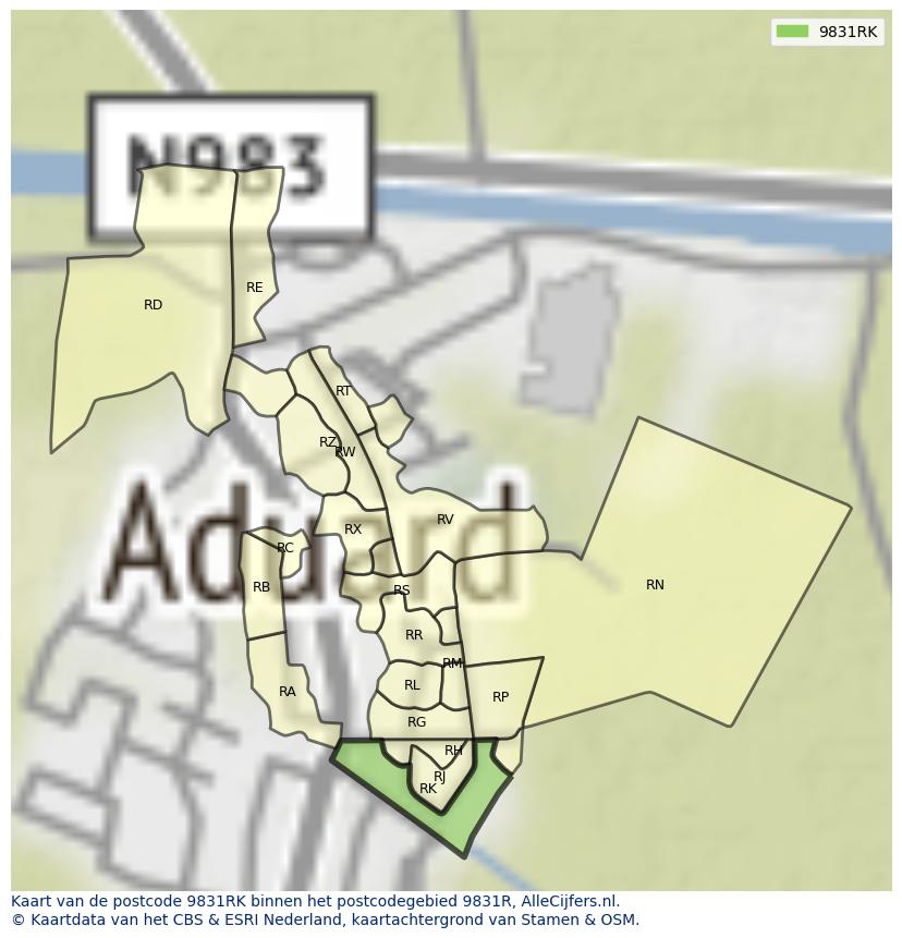 Afbeelding van het postcodegebied 9831 RK op de kaart.
