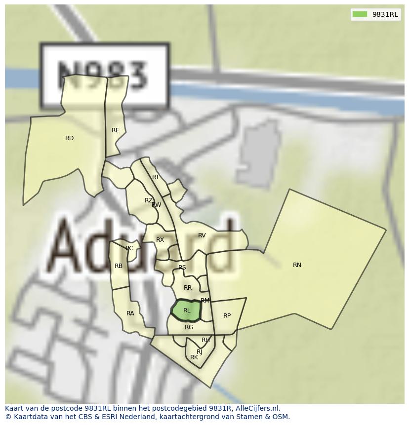 Afbeelding van het postcodegebied 9831 RL op de kaart.
