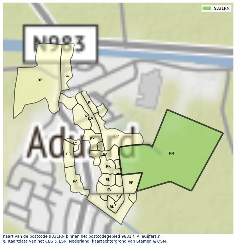 Afbeelding van het postcodegebied 9831 RN op de kaart.
