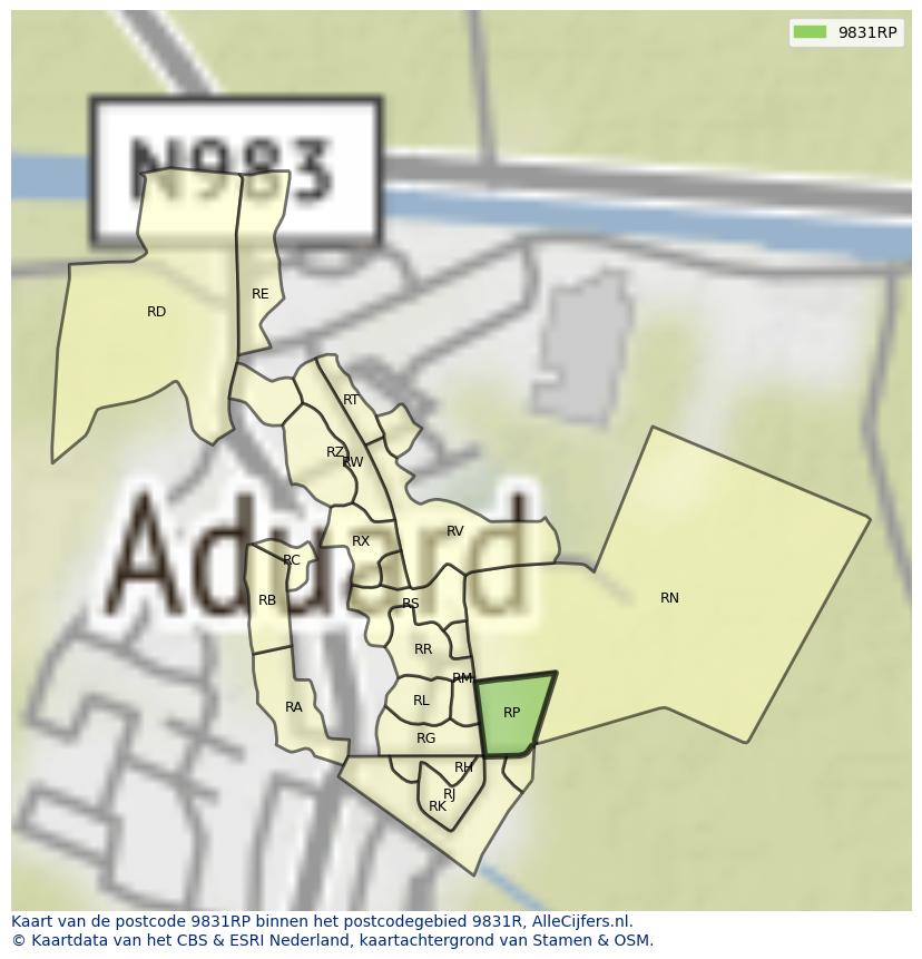 Afbeelding van het postcodegebied 9831 RP op de kaart.