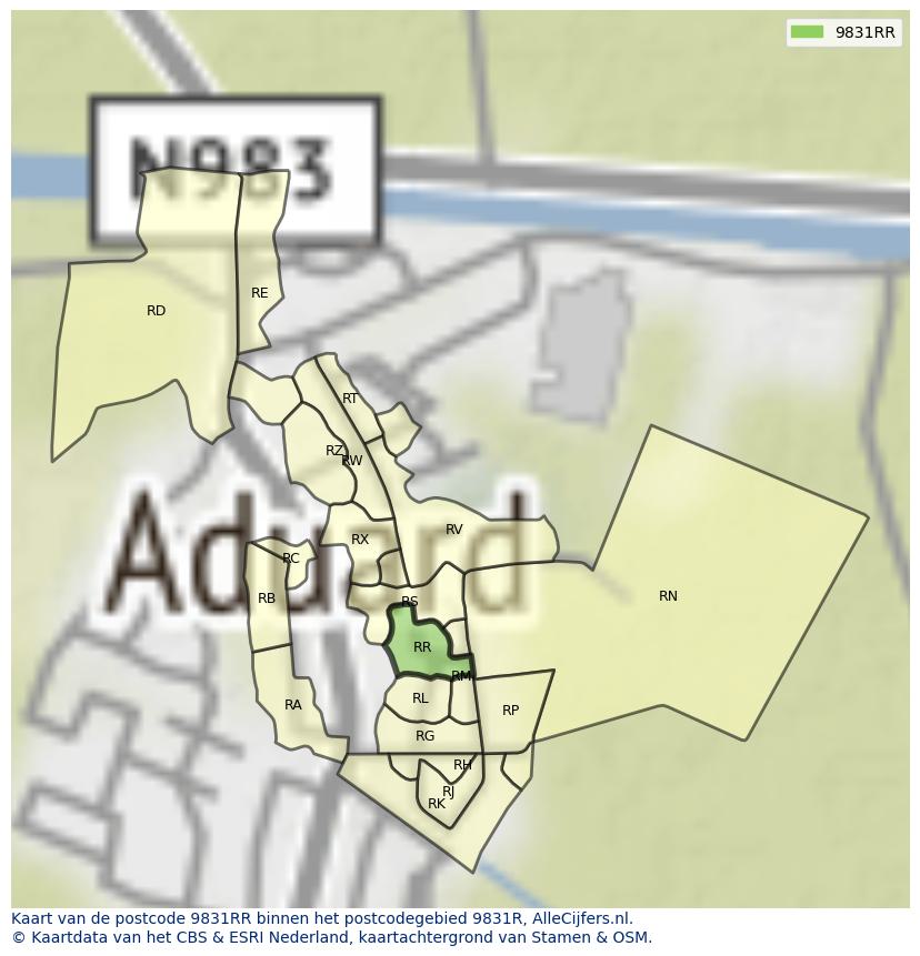 Afbeelding van het postcodegebied 9831 RR op de kaart.