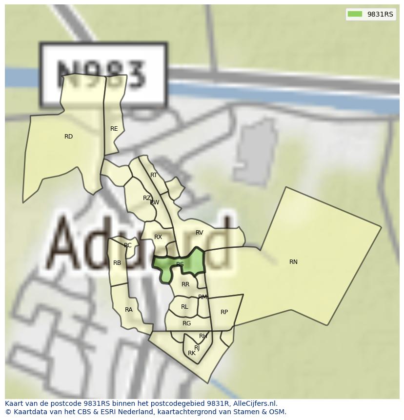 Afbeelding van het postcodegebied 9831 RS op de kaart.