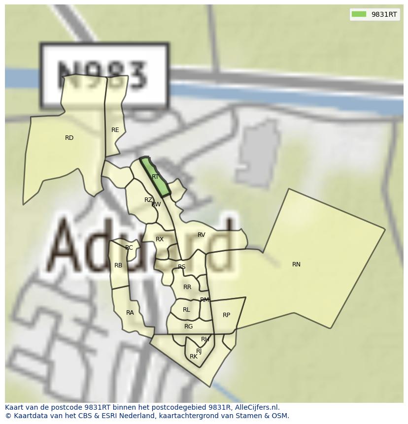 Afbeelding van het postcodegebied 9831 RT op de kaart.