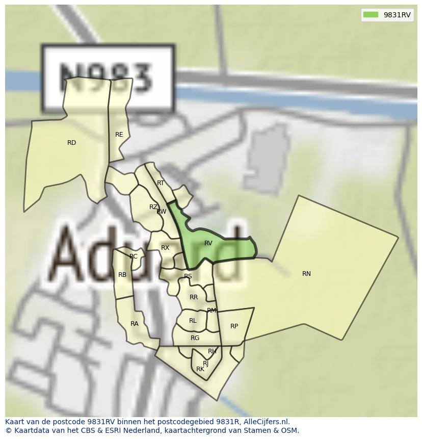 Afbeelding van het postcodegebied 9831 RV op de kaart.