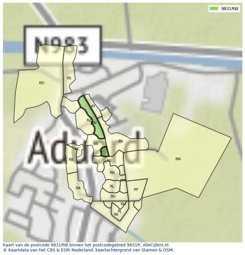 Afbeelding van het postcodegebied 9831 RW op de kaart.