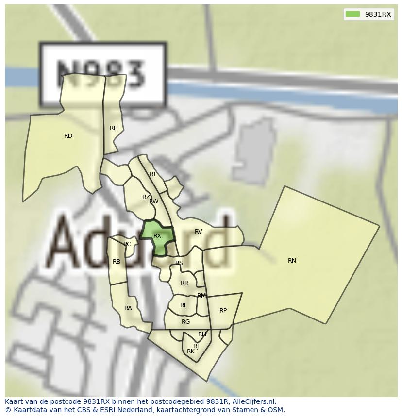 Afbeelding van het postcodegebied 9831 RX op de kaart.