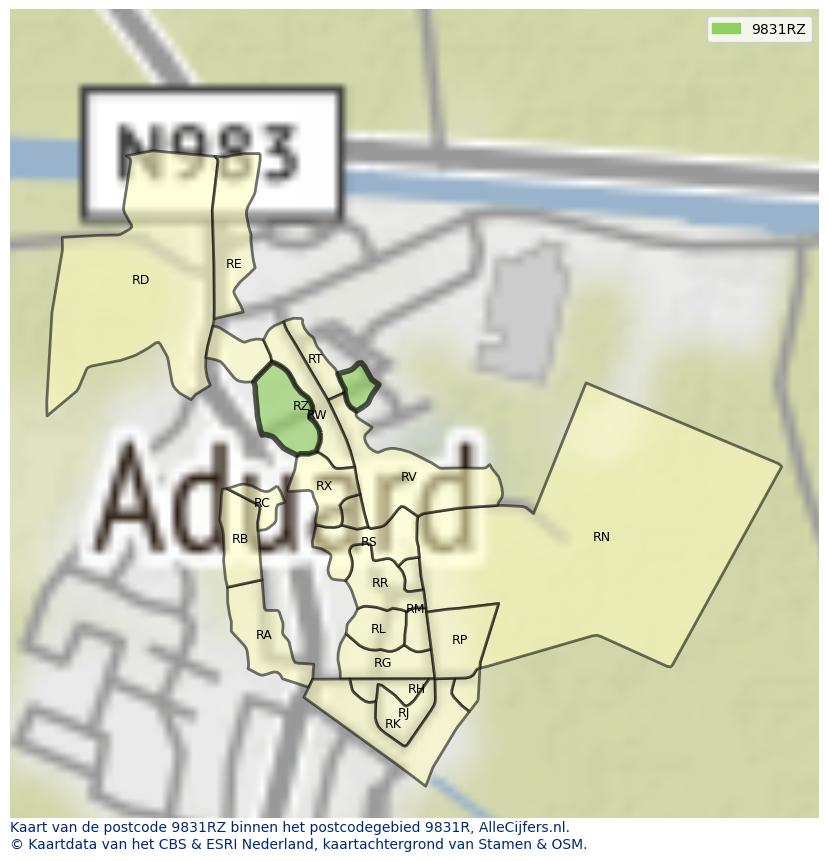 Afbeelding van het postcodegebied 9831 RZ op de kaart.