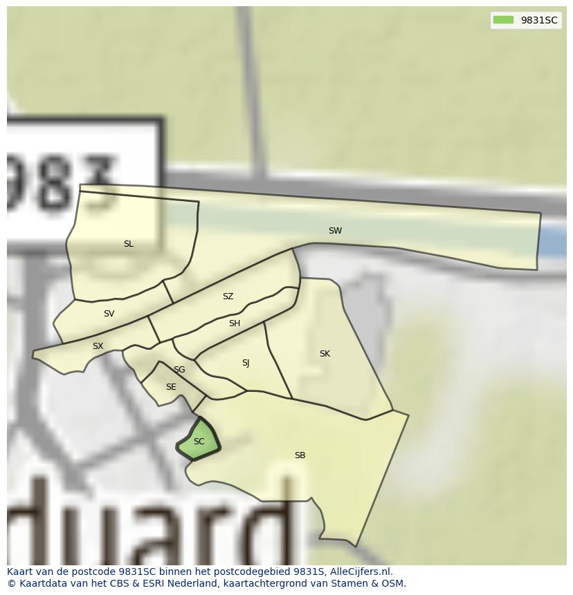 Afbeelding van het postcodegebied 9831 SC op de kaart.