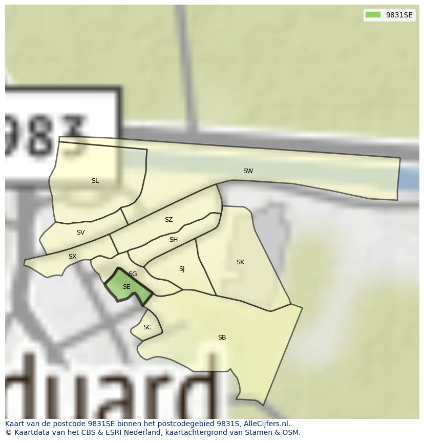 Afbeelding van het postcodegebied 9831 SE op de kaart.