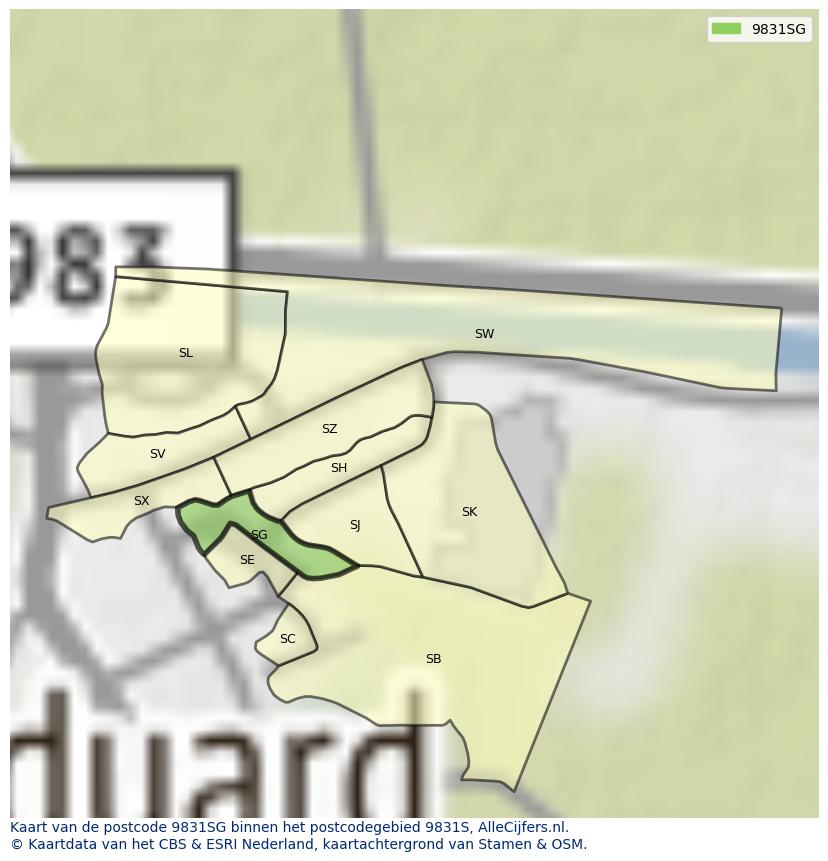 Afbeelding van het postcodegebied 9831 SG op de kaart.
