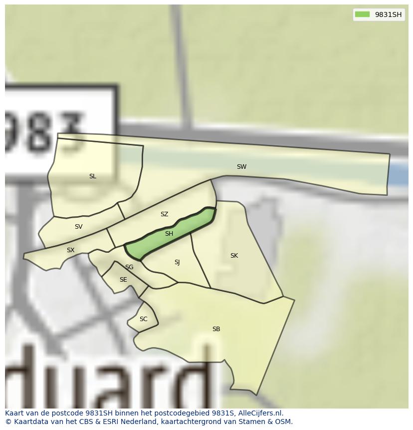 Afbeelding van het postcodegebied 9831 SH op de kaart.